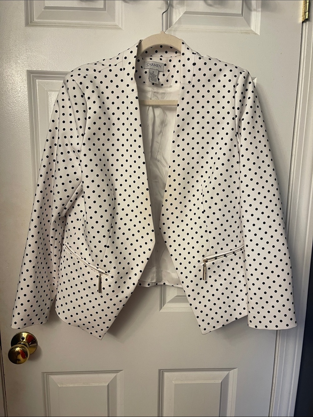 Carmen Marc Valvo White Blazer with Black Polka Dots